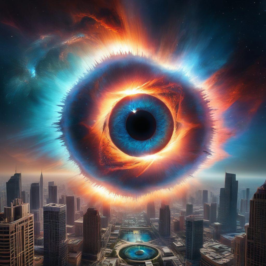 An awe-inspiring depiction of the Helix Nebula with swirling celestial gases and bright star formations, seamlessly blending into a futuristic cityscape with high-tech buildings and holographic interfaces. The image should emphasize the connection between cosmic phenomena and advanced web solutions. Science fiction meets modern technology. super-realistic. vibrant colors.