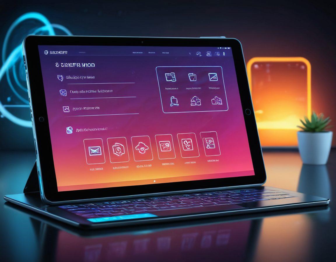 A dynamic, sleek e-commerce website interface on a tablet, with stunning smooth transitions and responsive design elements. Incorporate futuristic technology icons glowing subtly in the background and a professional working remotely, focusing on enhanced user experience. 3D renders. vibrant colors. high-tech feel. futuristic elements.